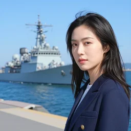 woman gazes at camera. blue colours. naval maritime scene