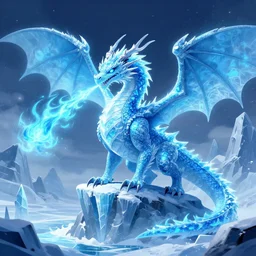 An ice dragon standing on a ice mountain, breathing blue flames, ice landscape, digital art, artstation, WLOP, CGSociety