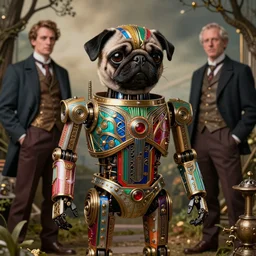 art deco robot pug, made of ornate parts, victoriana, magic realism, jules verne steampunk, vivid colors, by mark ryden, tom bagshaw, trevor brown