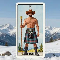 a symmetrical tarot card of a thick shirtless desi mountaineer wearing a scottish tartan kilt on a snowy mountain peak. he has a wooden staff, cowboy hat, and boots. background is a stained glass golden sunrise. art deco, art nouveau, homoerotic. by raja ravi varma, by louis comfort tiffany, by albert bierstadt. trending on artstation.
