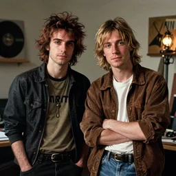 portrait photo of basquiat and kurt cobain in nirvana basquiat ’ s studio, photorealistic,