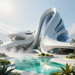 highly detailed futuristic architecture by Jean Nouvel, reflective lighting, stylized vegetation, ground-level view, puddles of turquoise water, foggy atmosphere, stunning sunny lighting, sunrise, vivid colors, in the style of pixar animation, trending on Artstation, 8k, matte painting, ray tracing, hyper detailed, unreal engine 5, cinematic, epic lighting, cryengine, octane render, cyberpunk, red and orange glow, vibrant