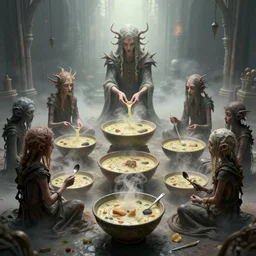 eldritch church of soups soup ceremony performed by soup aberrations sitting in bowls of soup, beksinski style, 8 k, hyper detail, octane render, artstation trending, soft light, fog