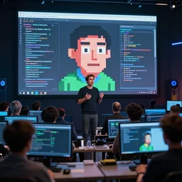 programming, computer, man nervous speaking in front of the audience, nft, pixel art, hyper photorealistic, crispy quality, digital photography, cinematic, 4 k ultra hd, art by pascal blanche, art by greg rutkowski, art by artgerm