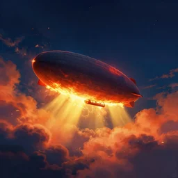a beautiful artwork illustration, an airship burning at night, breathtaking clouds, volumetric fog, godrays, high contrast, high contrast, high contrast, vibrant colors, vivid colors, high saturation, by Greg Rutkowski and Jesper Ejsing and Raymond Swanland, featured on artstation, wide angle, vertical orientation