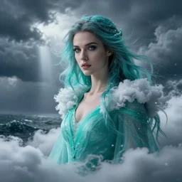 mage female made of storm clouds, high detail, high contrast, close up portrait, studio lighting, stormy seas, beautiful, bokeh, snowy, storm clouds, god rays, d & d, fantasy, elegant, aquamarine color palette, concept art, annie leibovitz, roger deakins and greg rutkowski and alphonse mucha