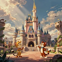 post - apocalyptic magic kingdom, rubberhose animation, walt disney world, vintage cartoon, felix the cat,