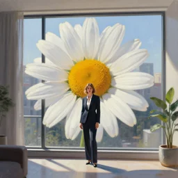 huge daisy flower head, woman in suit, standing in a modern window in luxury apartment, surreal photography, sunlight, impressionist painting, digital painting, artstation, simon stalenhag