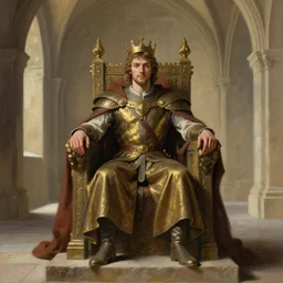 attractive bradley james as king arthur pendragon, sat in his throne, big arches in the back, natural lighting, path traced, highly detailed, high quality, digital painting, by gaston bussiere, craig mullins, j. c. leyendecker