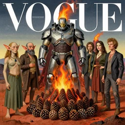 illustrated portrait vogue designer Master Chief Sacrificing the Elves to a Volcano Volcano God Volvo Altar made of pinecones and fire kenny scharf giorgio de chirico marc simonetti greg rutkowski james gilleard anton semenov