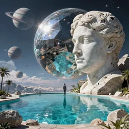 Esao Andrews, scifi nightscape, planets, gigantic mirror, hyperrealistic surrealism, award winning masterpiece with incredible details, epic stunning, infinity pool, a surreal vaporwave liminal space, highly detailed, trending on ArtStation, artgerm and greg rutkowski and alphonse mucha, daily deviation, IAMAG, broken giant marble head statue ruins, calming, meditative