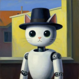 a robotic cat wearing a hat, a highly detailed edward hopper painting, by adrian ghenie and gerhard richter. art by sorolla. masterpiece, flat surreal design with deep colours. 8 k. artstation