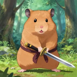 japanese hamster samurai. with long sword. anime art. painting. sacura forest on background