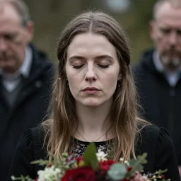 beautiful woman with eyes closed. she is at a funeral. folk horror. photogenic.