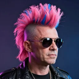 Karl Pilkington, pink and blue mohawk hairstyle, aviator sunglasses, synthwave style, portrait, artstation, detailed, award winning, dramatic lighting