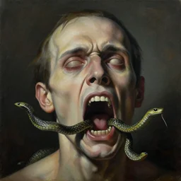 a painting of a disembodied screaming man's face with snakes coming out of his mouth, a surrealist painting, polycount, behance, surrealism, surrealist, lovecraftian, cosmic horror, grotesque