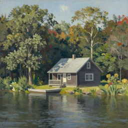 Photograph of a cabin by a lake in the style of Thomas Kincaid