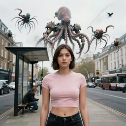 2 0 2 2 perfect tight crop colour street level portrait photograph in east london. a hundred flying armoured gargantuan giant mechanised squids attack. a man is cowering beneath a bus shelter
