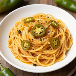 spaghetti topped with jalapenos