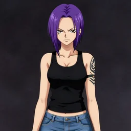 a portrait of dilraba dilmurat as revy from black lagoon, smirk, black tank top, jean shorts, brown eyes, purple hair, tribal tattoos right arm sleeve, symmetrical eyes, symmetrical face, art by lois van baarle and loish and ross tran and rossdraws and sam yang and artgerm