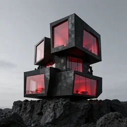 a tall black geometric house by reza mohtashami brutalist minimalist made of black metal and embedded in tall a lava cliff, red light out of the big glass windows, octane render, hyper realistic, 8 k, octane render