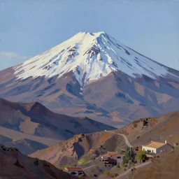 Oil painting, highly detailed, romantic style, Tenerife landscale with snow capped mount Teide dominating the center