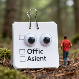 word's office assistant, paper clip with googly eyes, jogging, in the woods, photography, depth of field, 4 k resolution