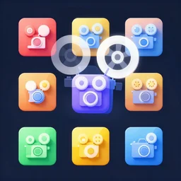 Isometric 3d octane render of film camera icons, vivid complementary colors