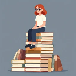a young woman with red hair and glasses sits on top of a tall pile of books. clean cel shaded vector art. shutterstock. behance hd by artgerm, helen huang, by makoto shinkai and lois van baarle, ilya kuvshinov, rossdraws, illustration, art by ilya kuvshinov