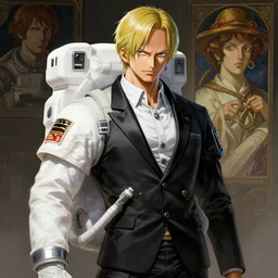 sanji in a astronaut suit and sanji, black tuxedo, intricate, sanji, highly detailed, digital painting, artstation, concept art, smooth, sharp focus, illustration, sanji, unreal engine 5, 8 k, art by artgerm and greg rutkowski and alphonse mucha
