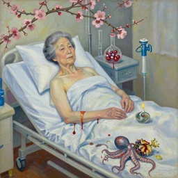 portrait of a japanese old lady in a hospital bed, sensual, plum blossom, squashed berries dripping, octopus, scientific glassware, rotting fruit, wilted flowers, oxygen tank, candlelight, neo - impressionist, surrealism, acrylic and spray paint and oilstick on canvas