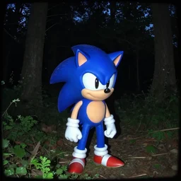 sonic the hedgehog spotted in a forest at night, low-fidelity security camera footage
