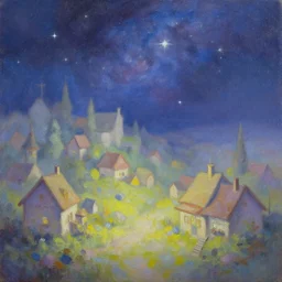 soft color oil painting of fantasy village with space starry sky above