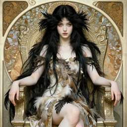 highly detailed portrait of a beautiful cute girl with feathers, endless black hair, with pale skin, fibonacci, fragile, sitted on an intricate stone throne by alphonse mucha, nicola samuri, dino valls, m. w. kaluta, rule of thirds, seductive look, 4 k resolution