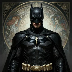 dramatic portrait of a dystopian batman, black leather garment with art nouveau ivory accessories, cyberpunk, darksynth, concept art by jama jurabaev, extremely detailed, ominous, ethereal, artstation, by ruan jia, jeremy mann, alphonse mucha