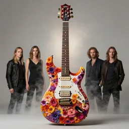 high intricate detailed commercial photo of a prs electric guitar covered in colorful flowers and smoke, golden ratio, rule of thirds, majestic, elegant, by lea leonowicz, by maks trofimov, by jenny brozek, by johannes wessmark