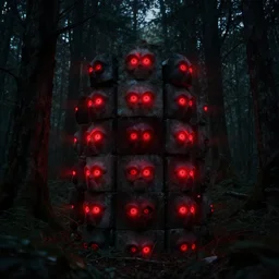 An octane render of many pairs of red glowing eyes in a dark forest