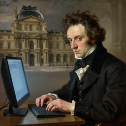 highly detailed portrait of franz schubert looking at the modern computer, franz schubert meets the future, franz schubert checks the computer, louvre painting, wien gallery painting