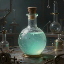 a painting of a steampunk blue - ish light green potion bottle in a dark dusty vintage science lab, by h. r. giger, hyperrealistic fantasy art, concept matte, ethereal, dreamy, digital art, trending on artstation, volumetric cinematic lighting
