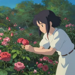 girl picking flowers in a field of roses, scenic full shot, ambient lighting, detailed face, by makoto shinkai, stanley artgerm lau, wlop, rossdraws