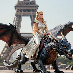 full-body photograph of Paris Hilton as Daenerys Targaryen riding a dragon, majestic lighting, XF IQ4, 150MP, 50mm, F1.4, ISO 200, 1/160s, natural light
