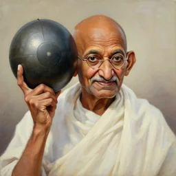 Portrait Oil painting of Ghandi holding a nuclear head