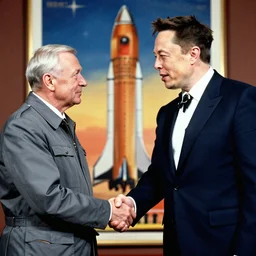 elon musk shakes hands with yuri gagarin in front of a starship, soviet style poster