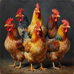 intricate five chicken by pablo picasso, oil on canvas, hdr, high detail, photo realistic, hyperrealism, surrealism, cinematic, matte finish, high contrast, 3 d depth, centered, masterpiece, vivid and vibrant colors, enhanced light effect, enhanced eye detail, artstationhd