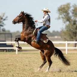 cowboy doing a trick on a horse