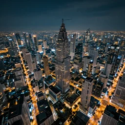 sci - fi bangkok cityscape. wide angle night photo. helicopter view. exaggerated detail. volumetric lighting. art by krenz cushart and wenjun lin