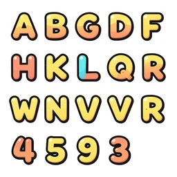a unique cartoon font on a white background, every letter and number and symbol.