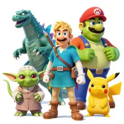 zelda ocarina of time godzilla yoda donkey kong pikachu yeti shrek super mario homer groot waluigi darth vader mike wazowski, highly detailed, extremely high quality, hd, 4 k, 8 k, professional photographer, 4 0 mp, lifelike, top - rated, award winning, cinematic, realistic, detailed lighting, detailed shadows, sharp, no blur, edited, corrected, trending