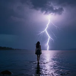 girl walking on water, lightning, walking on water, scenic, dark cloudy background, lightning strikes, lightning bolts, shocking, 8k, artstation