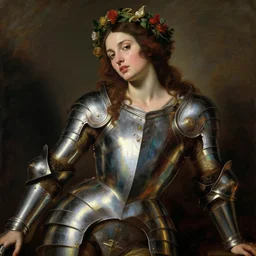 sweating, seductive saoirse ronan, wearing rainbow metal armour, posing seductive, looking seductively, ornate wreath, oil painting by titian, hard focus